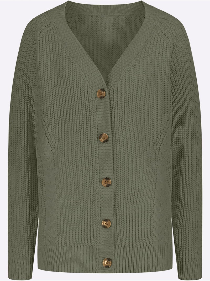 Veste en tricot à col V avec motif torsadé et manches raglan - Taille standard - Moda Vilona Kaki - Kiabi