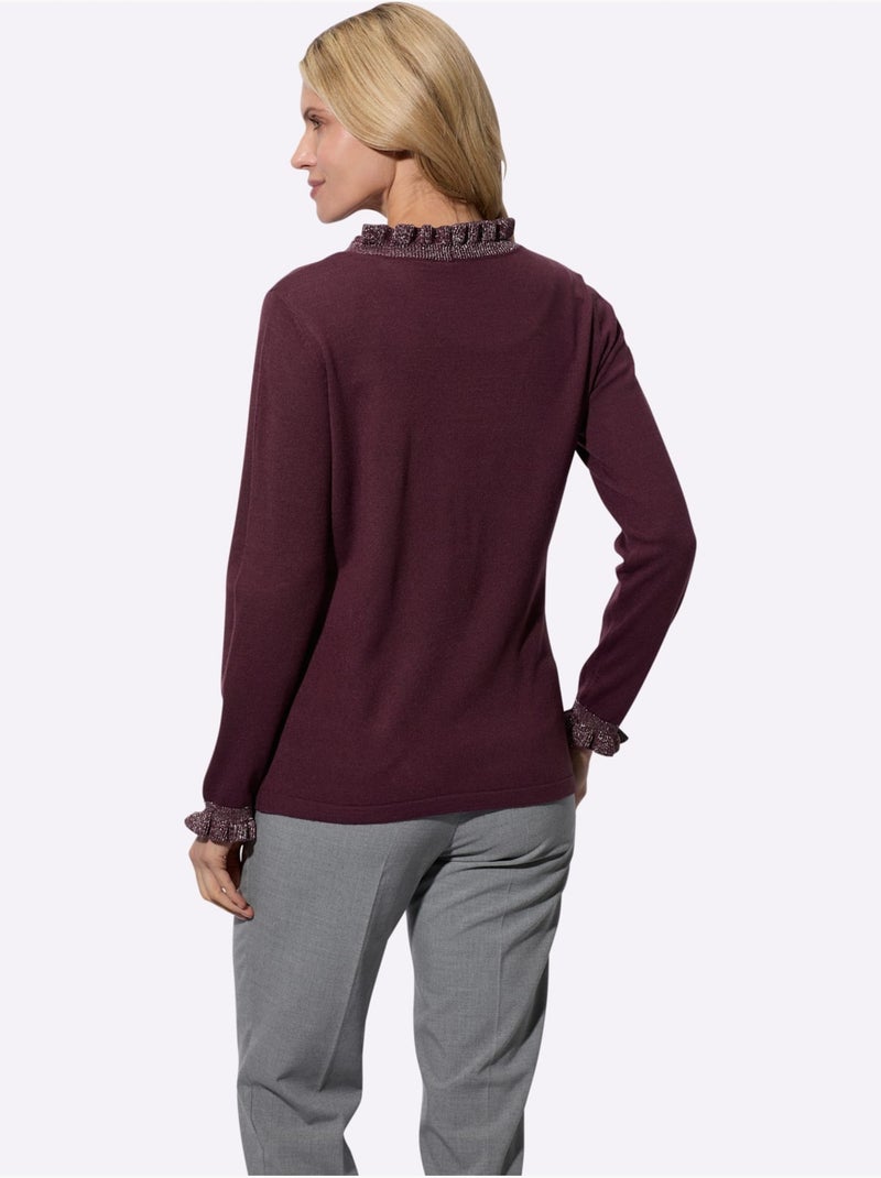 Veste en tricot à col v avec volants et boutons nacrés - taille standard - moda vilona Noir Bordeaux - Kiabi