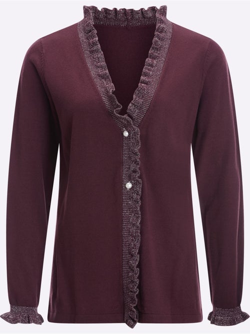 Veste en tricot à col v avec volants et boutons nacrés - taille standard - moda vilona - Kiabi Veste en tricot à col v avec volants et boutons nacrés - taille standard - moda vilona - Kiabi