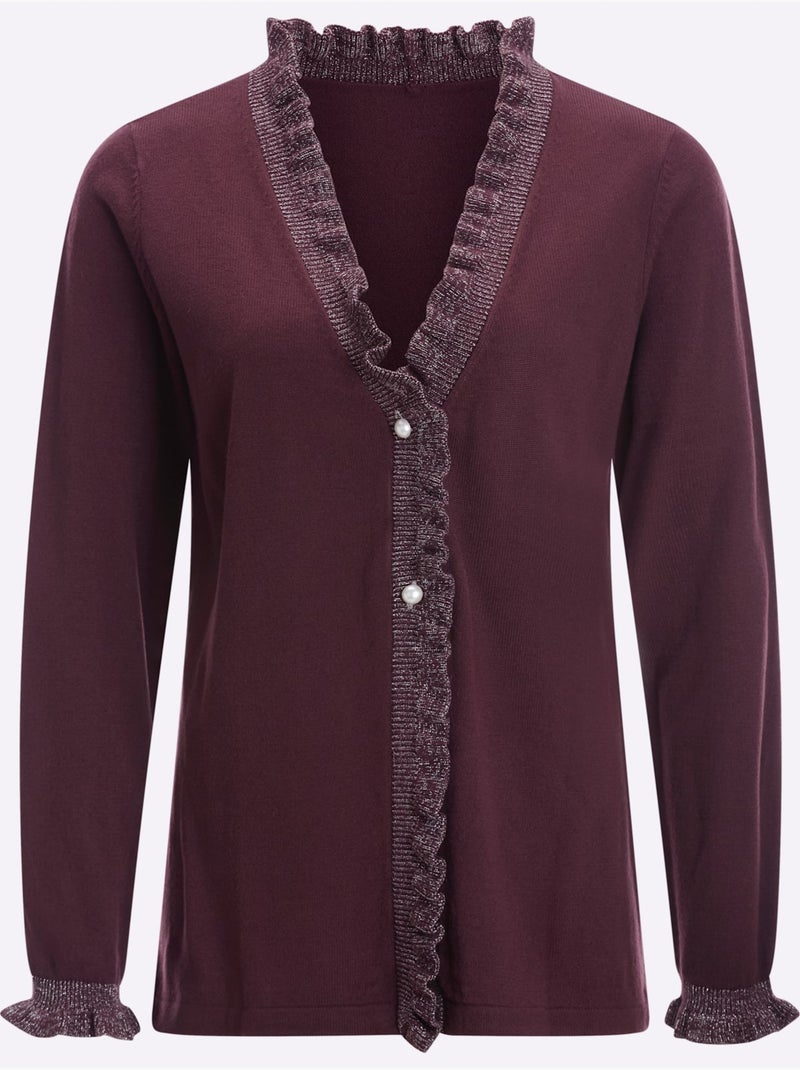 Veste en tricot à col v avec volants et boutons nacrés - taille standard - moda vilona Noir Bordeaux - Kiabi
