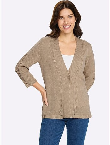 Veste en tricot à encolure en v et manches 3/4 avec ajourés - taille standard - moda vilona