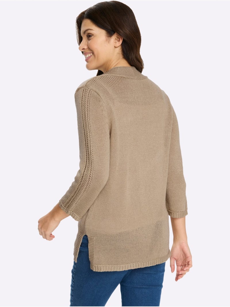 Veste en tricot à encolure en v et manches 3/4 avec ajourés - taille standard - moda vilona Beige - Kiabi