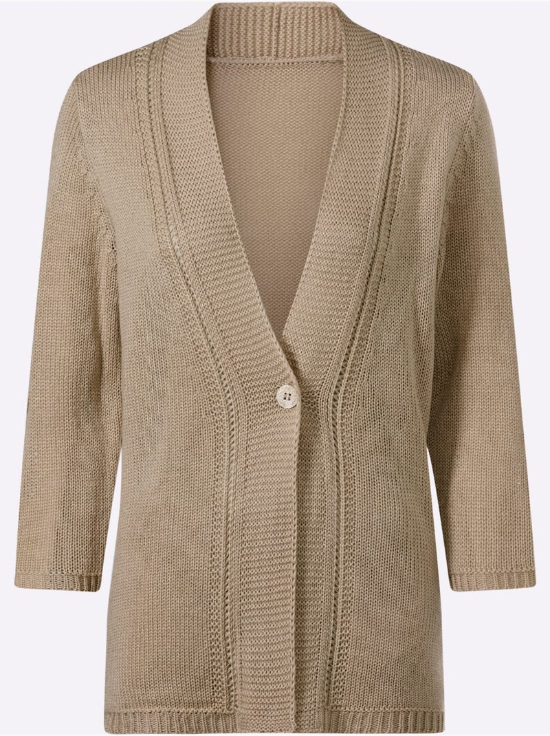 Veste en tricot à encolure en v et manches 3/4 avec ajourés - taille standard - moda vilona Beige - Kiabi
