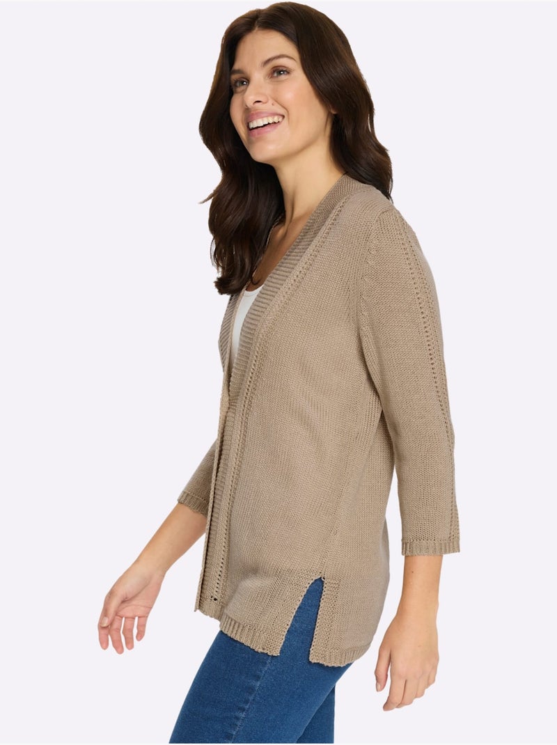 Veste en tricot à encolure en v et manches 3/4 avec ajourés - taille standard - moda vilona Beige - Kiabi