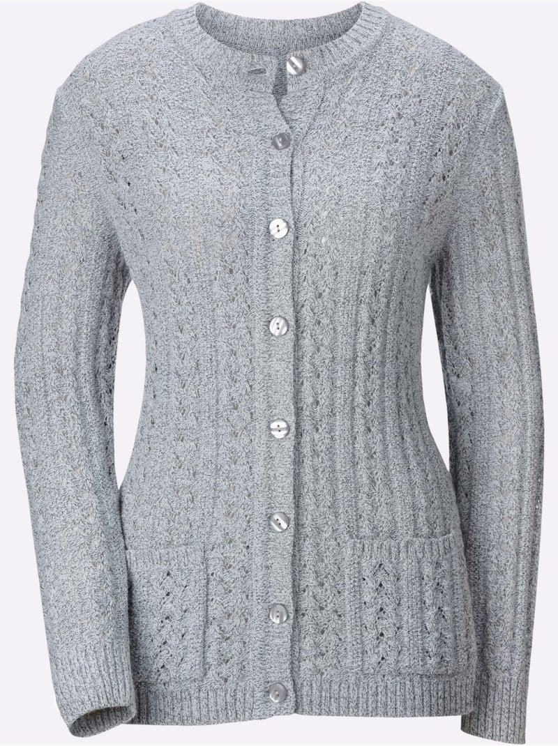 Veste en tricot à motif ajouré avec poches et patte de boutonnage - Taille standard - Witt Gris clair - Kiabi
