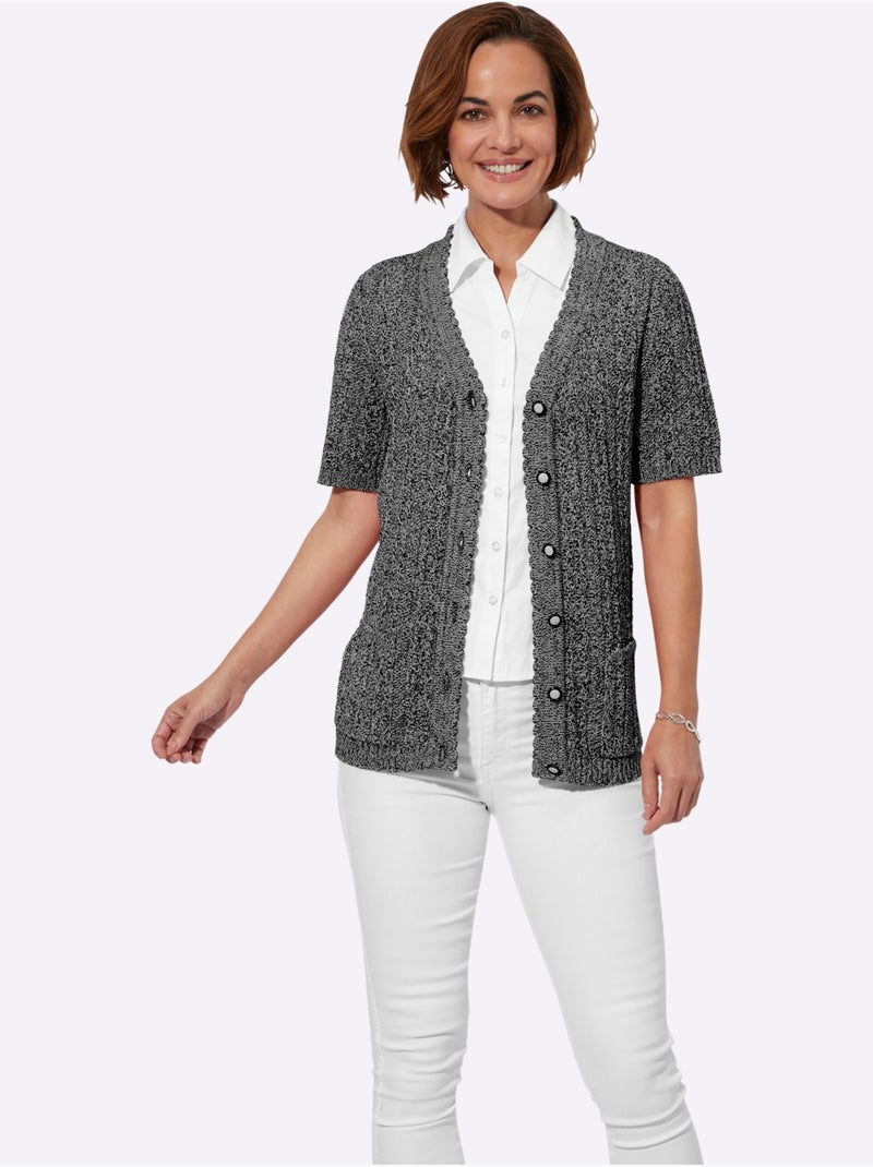 Veste en tricot ajouré à col V et manches courtes - Taille standard - Witt Noir Gris - Kiabi