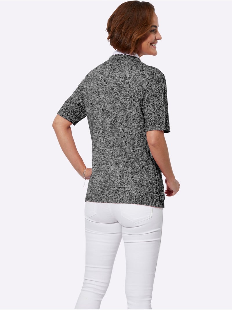 Veste en tricot ajouré à col V et manches courtes - Taille standard - Witt Noir Gris - Kiabi