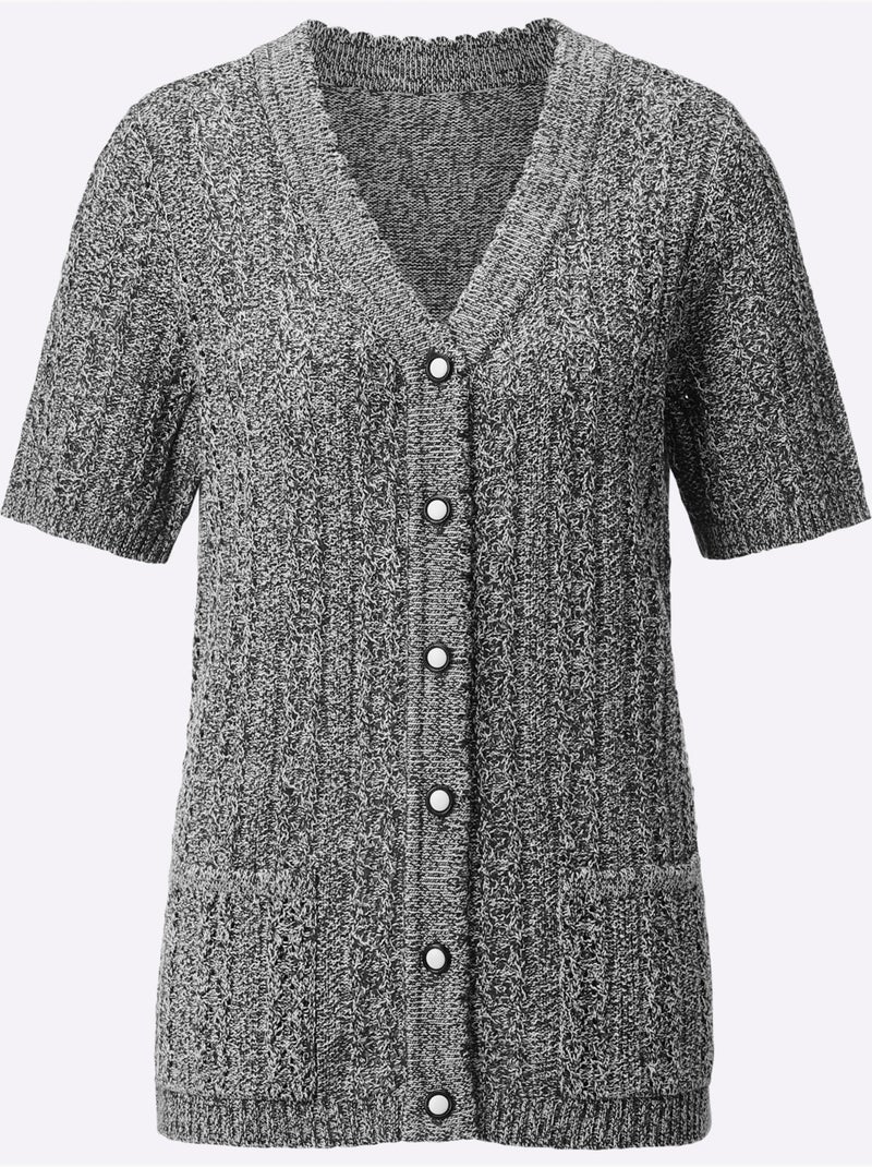Veste en tricot ajouré à col V et manches courtes - Taille standard - Witt Noir Gris - Kiabi
