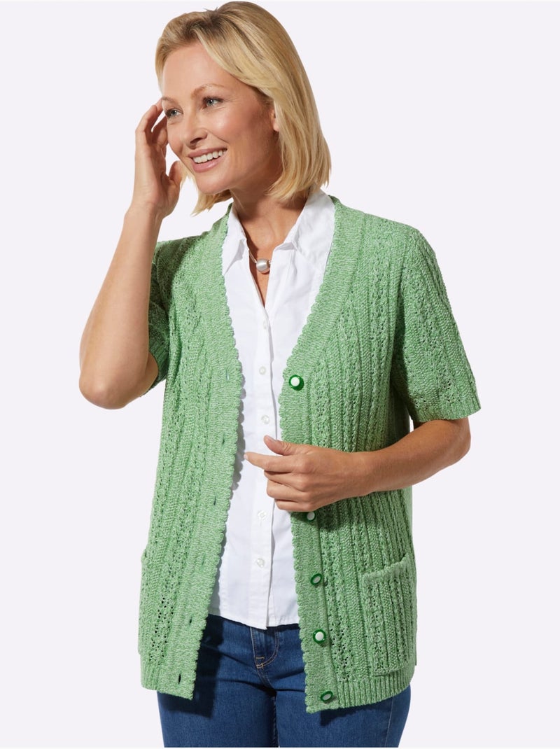 Veste en tricot ajouré à col v et manches courtes avec poches plaquées - taille standard - witt Vert - Kiabi