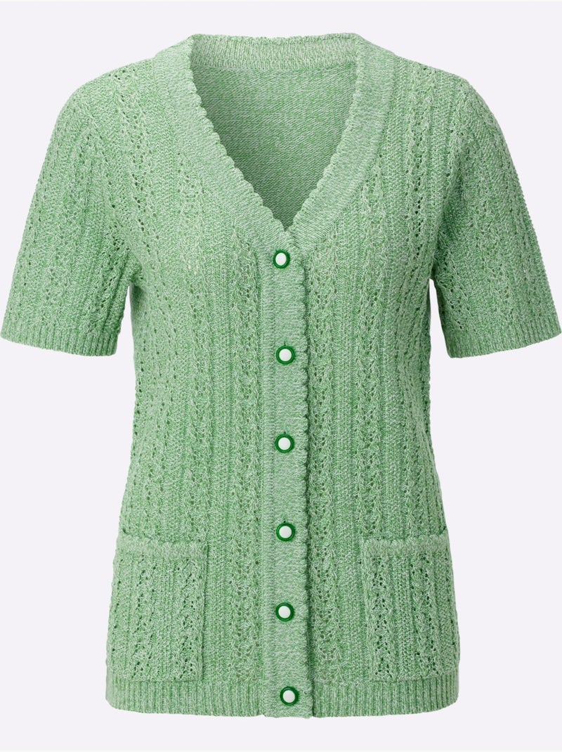 Veste en tricot ajouré à col v et manches courtes avec poches plaquées - taille standard - witt Vert - Kiabi