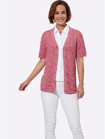 Veste en tricot ajouré à col V et manches courtes avec poches plaquées - Taille standard - Witt