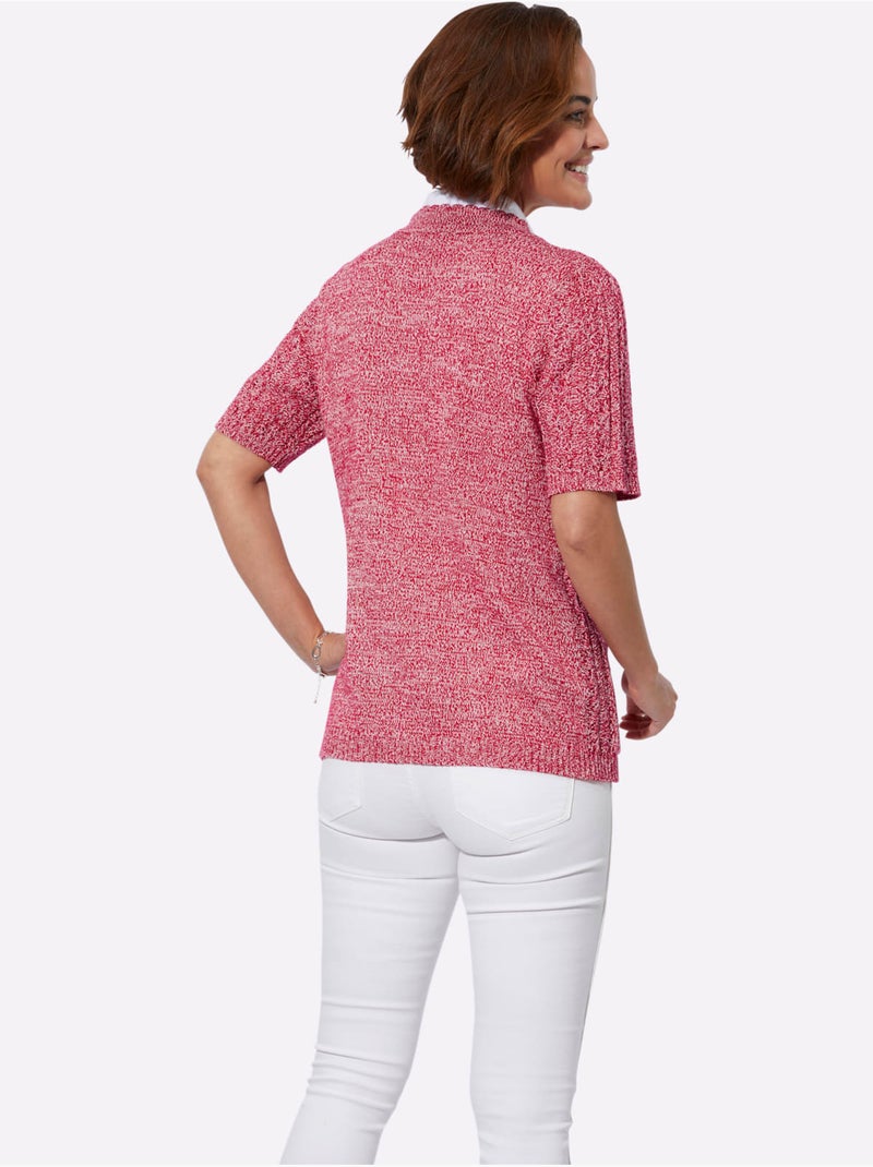 Veste en tricot ajouré avec col V et manches courtes - Taille standard - Witt Blanc Rouge - Kiabi