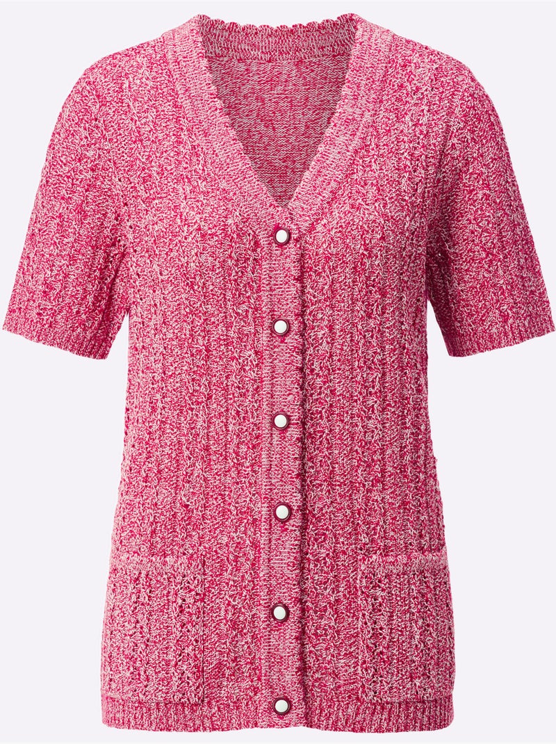 Veste en tricot ajouré avec col V et manches courtes - Taille standard - Witt Blanc Rouge - Kiabi