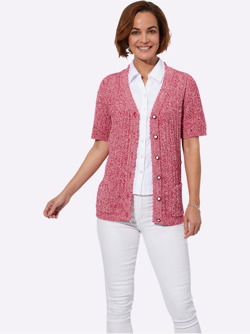 Veste en tricot ajouré avec col V et manches courtes - Taille standard - Witt Blanc Rouge - Kiabi