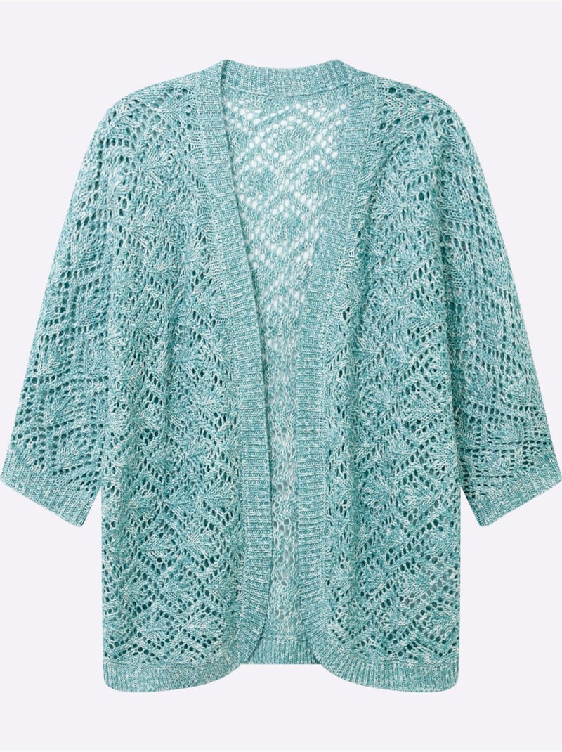 Veste en tricot ajouré légère avec manches 3/4 et col ouvert - Taille standard - Moda Vilona Bleu Ecru - Kiabi