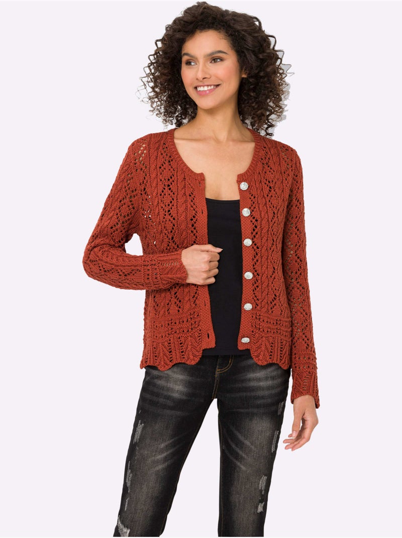 Veste En Tricot Ajouré Motif Ajouré Intégral - Taille Standard - helline Rouge - Kiabi