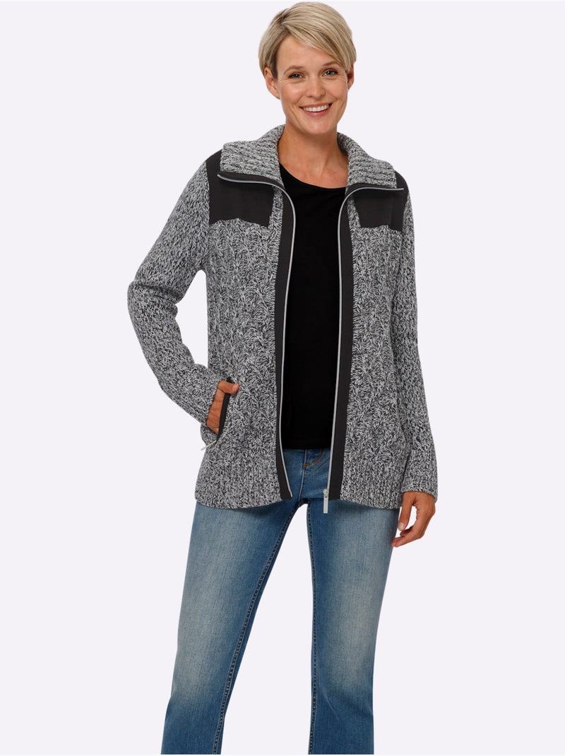 Veste en tricot avec col à revers et motifs géométriques - Taille longue - Moda Vilona Noir Ecru - Kiabi