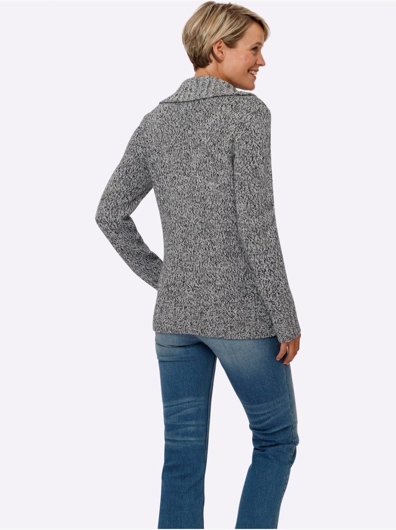 Veste en tricot avec col à revers et motifs géométriques - Taille longue - Moda Vilona Noir Ecru - Kiabi