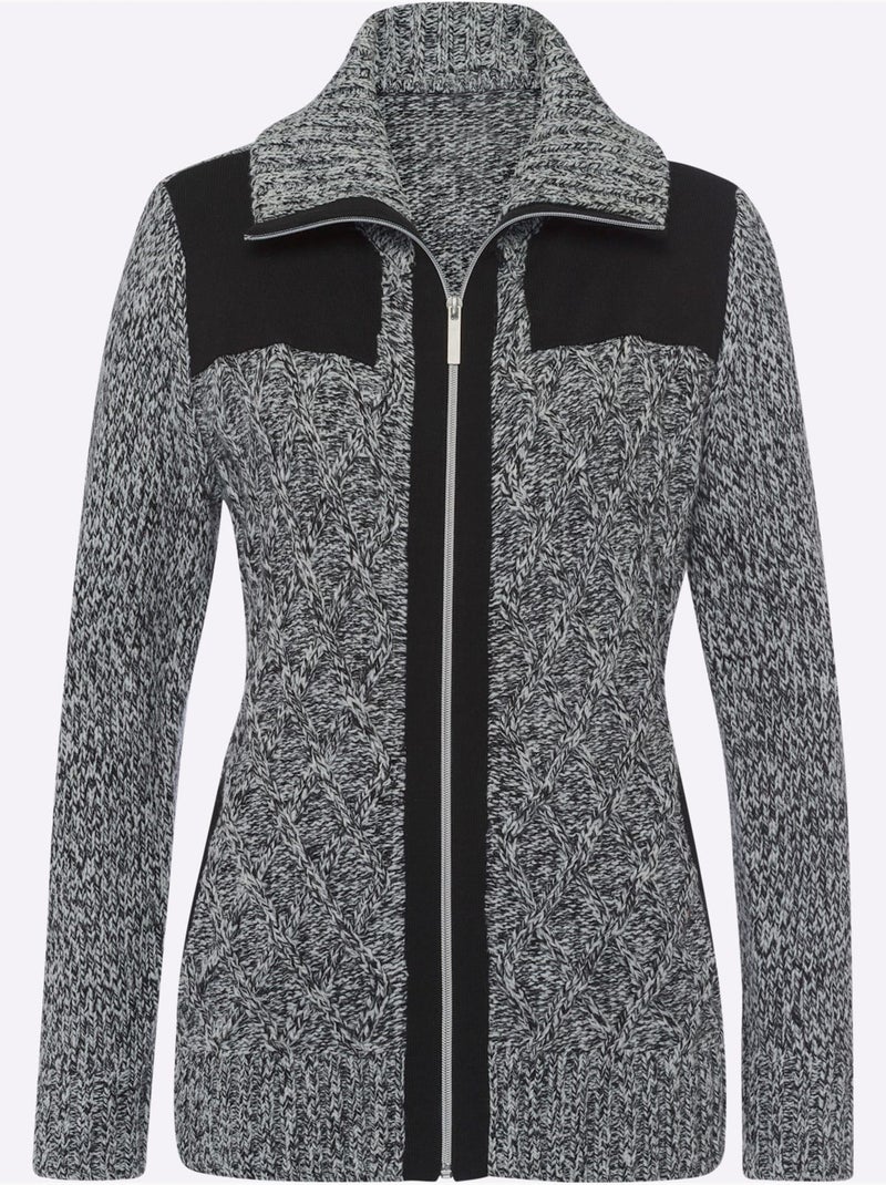 Veste en tricot avec col à revers et motifs géométriques - Taille longue - Moda Vilona Noir Ecru - Kiabi