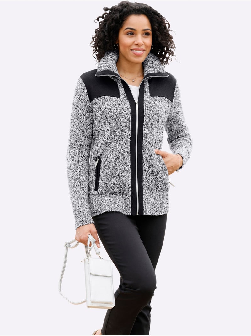 Veste en tricot avec col à revers et motifs géométriques - Taille longue - Moda Vilona Noir Ecru - Kiabi