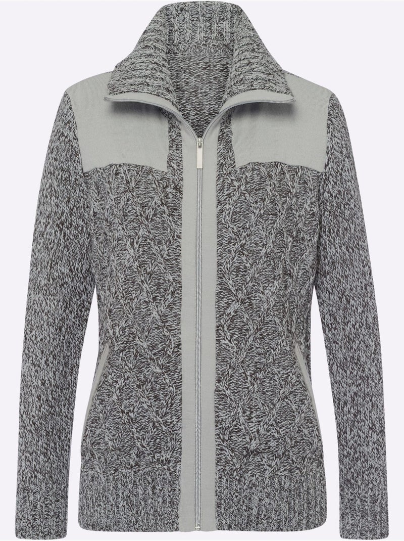 Veste en tricot avec col à revers et poches raglan - Taille longue - Moda Vilona Gris Blanc - Kiabi