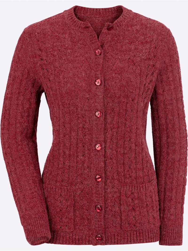 Veste en tricot avec col rond et manches longues à motif ajouré avec poches - Taille standard - Witt Rouge - Kiabi