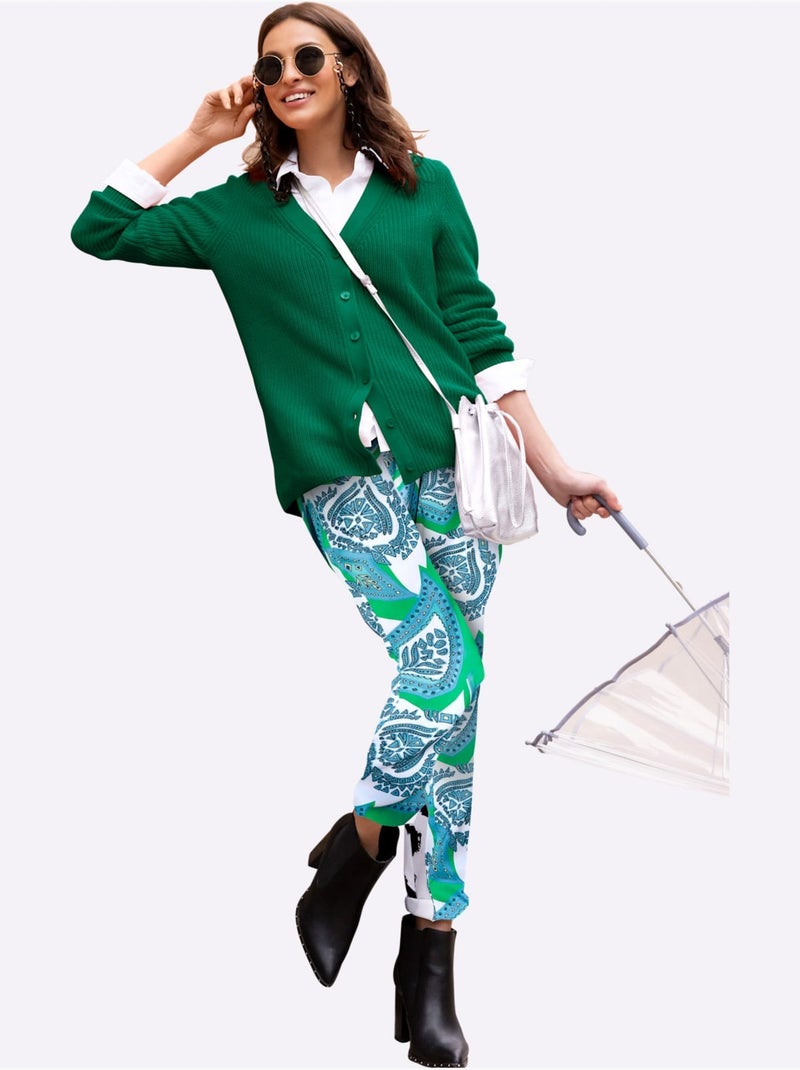 Veste en tricot avec col V et manches longues à motif côtelé - Taille standard - Moda Vilona Vert - Kiabi
