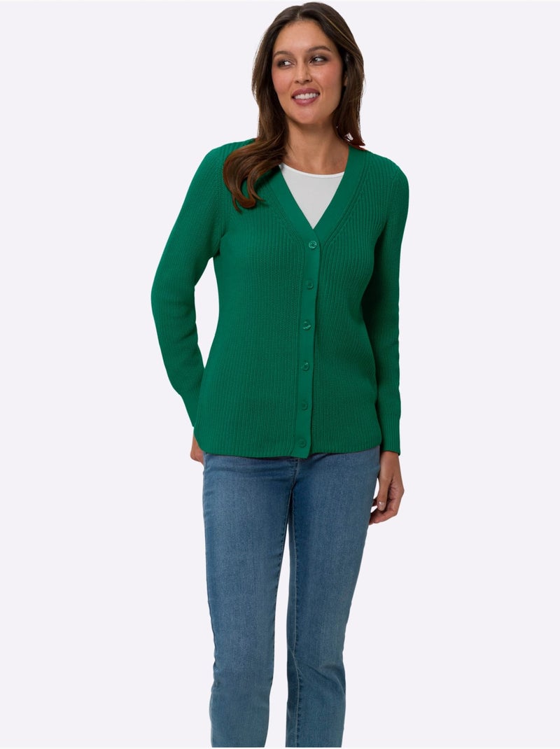 Veste en tricot avec col V et manches longues à motif côtelé - Taille standard - Moda Vilona Vert - Kiabi