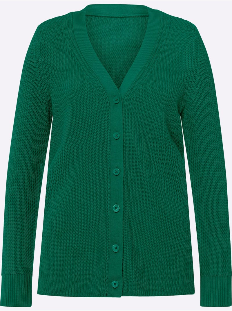 Veste en tricot avec col V et manches longues à motif côtelé - Taille standard - Moda Vilona Vert - Kiabi