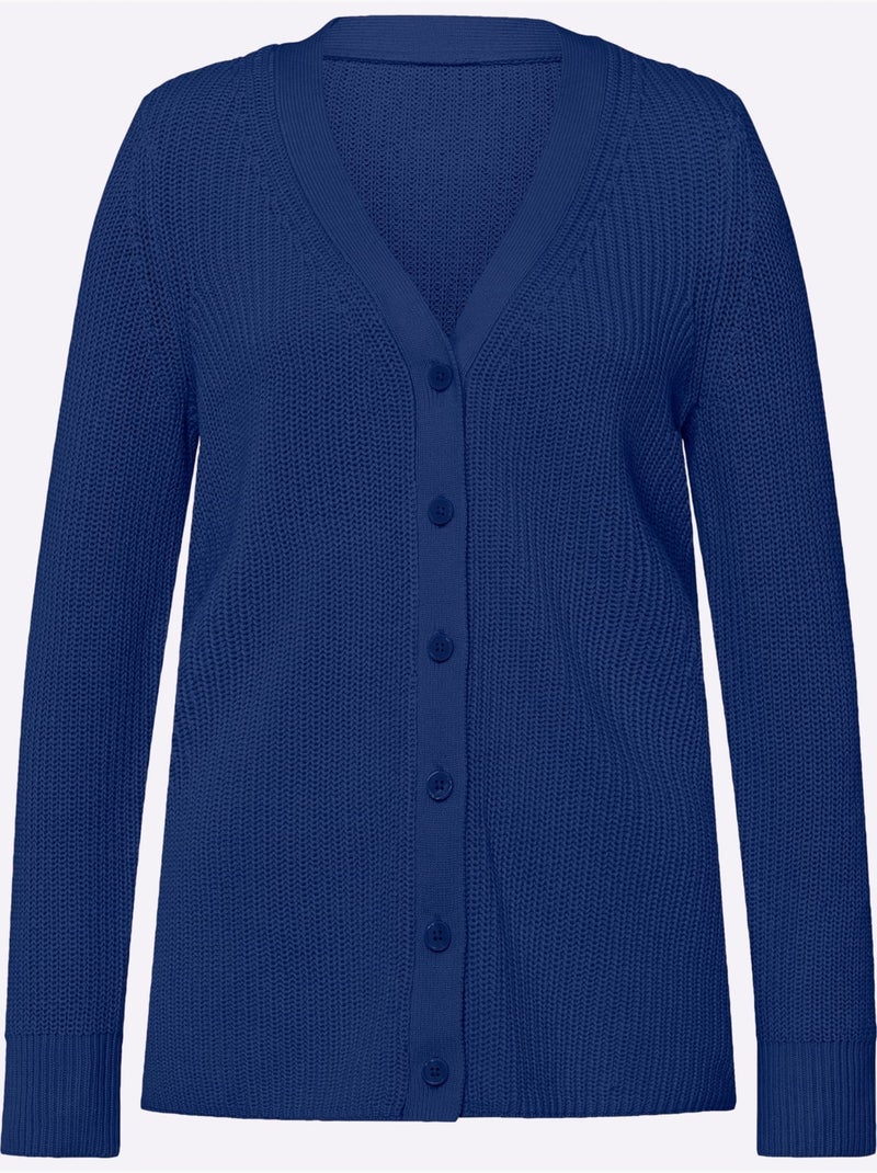 Veste en tricot avec encolure en V et bords-côtes à motifs côtelés - Taille standard - Moda Vilona Bleu roi - Kiabi