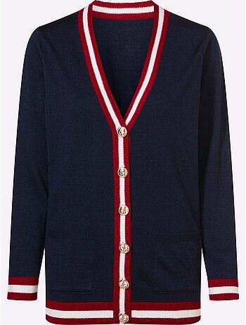Veste en tricot à col V avec finitions rayées et poches - Taille standard - Moda Vilona