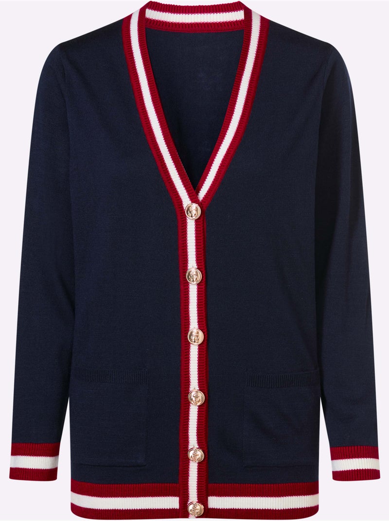 Veste en tricot avec encolure en V et manches longues - Taille standard - Moda Vilona Marine/Rouge - Kiabi