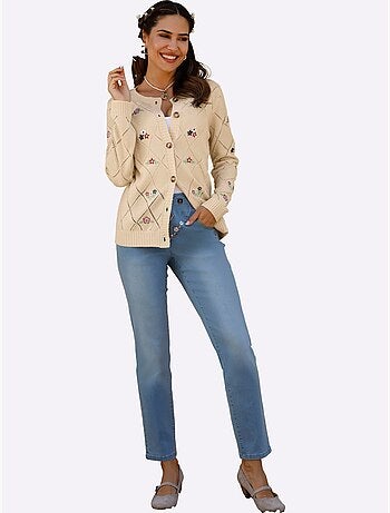Veste en tricot avec motif losanges et broderies florales - taille standard - moda vilona