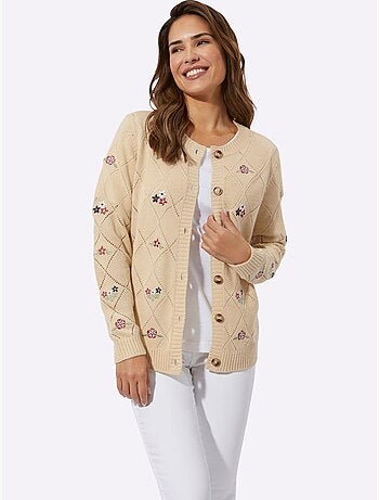 Veste en tricot avec motif losanges et broderies florales - taille standard - moda vilona