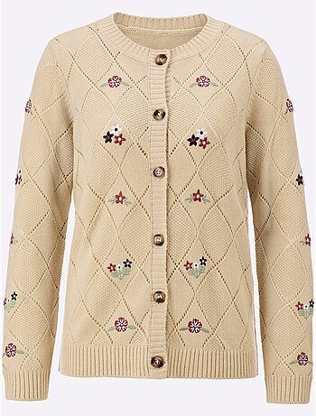 Veste en tricot avec motif losanges et broderies florales - taille standard - moda vilona