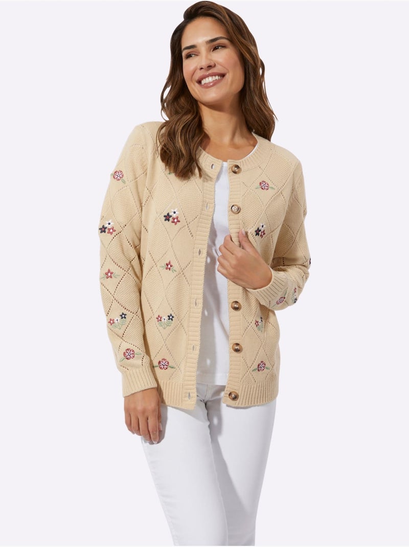 Veste en tricot avec motif losanges et broderies florales - taille standard - moda vilona Sable - Kiabi