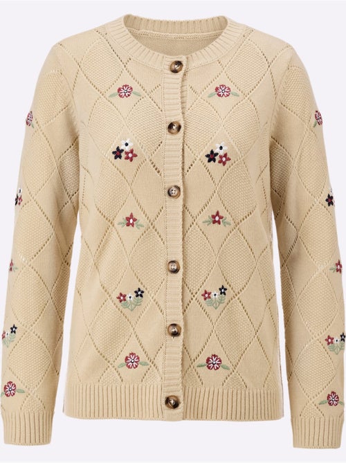 Veste en tricot avec motif losanges et broderies florales - taille standard - moda vilona - Kiabi Veste en tricot avec motif losanges et broderies florales - taille standard - moda vilona - Kiabi