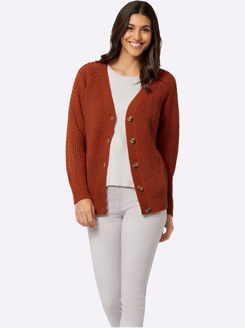 Veste en tricot avec motif torsadé et col en V - Taille standard - Moda Vilona Orange/Rouge - Kiabi