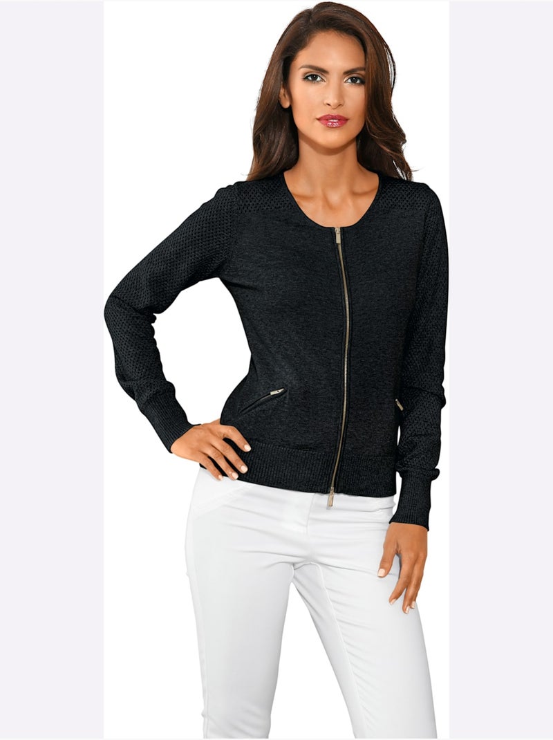 Veste En Tricot Fin Motif Tricot Ajouré Tendance - Taille Standard - helline Noir - Kiabi