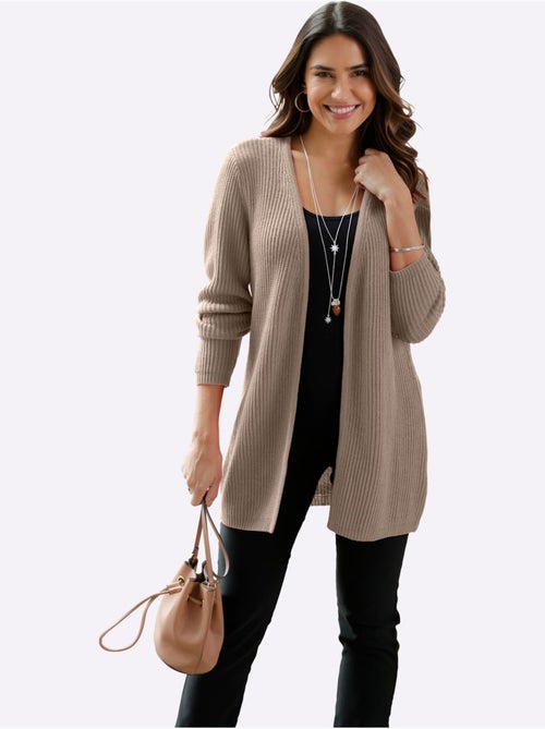 Veste en tricot longue à col V avec finitions côtelées - Taille standard - Moda Vilona - Kiabi