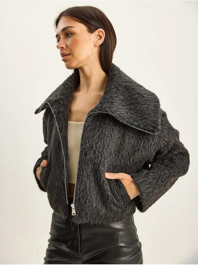 Veste en tweed épais matelassé avec fermeture éclair lucci Gris Noir - Kiabi