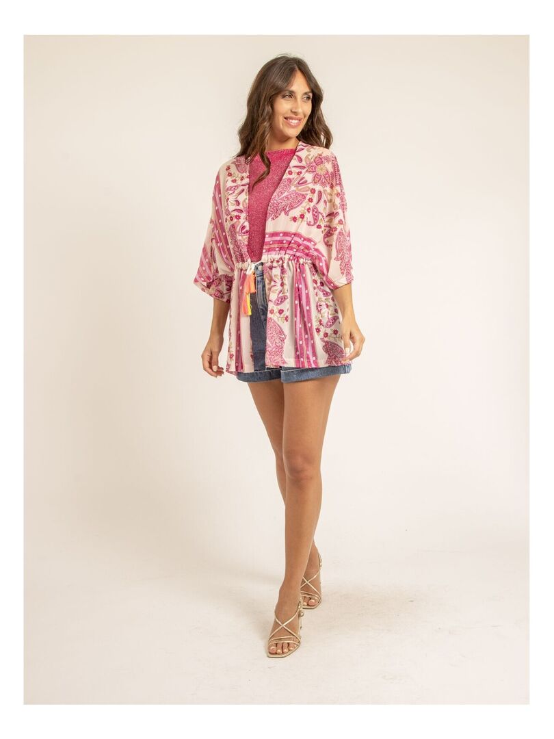Veste Caftan Femme – Mariage – Manches Cloche – Damas Coton – Taille 2 – Grenat