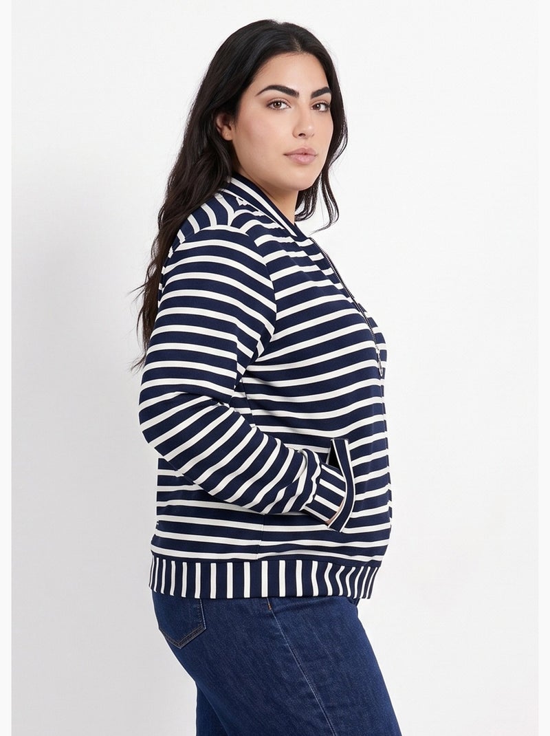Veste esprit teddy en maille rayée - afibel Marine/Blanc - Kiabi