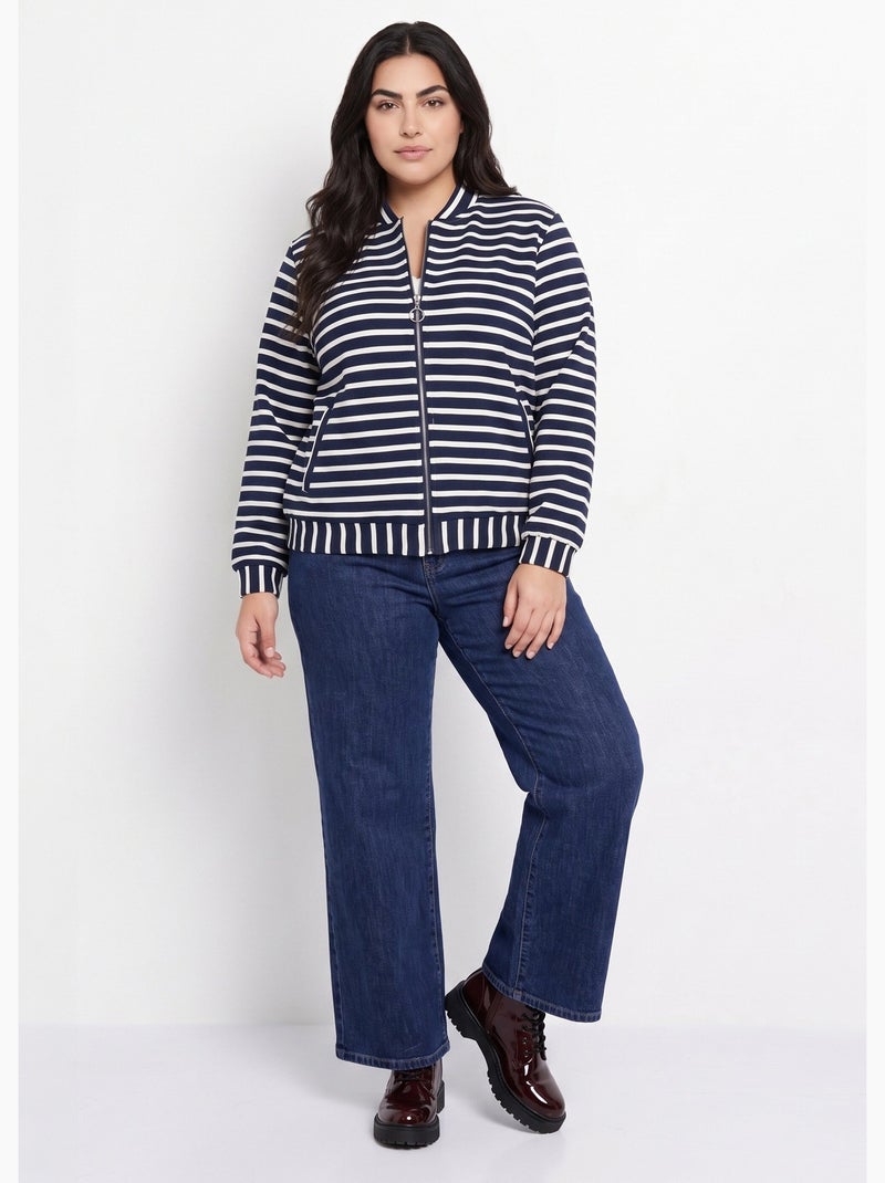 Veste esprit teddy en maille rayée - afibel Marine/Blanc - Kiabi