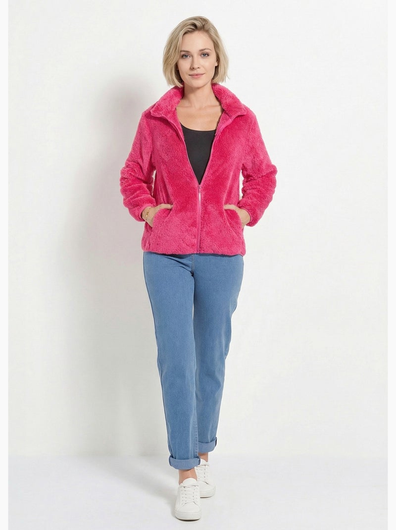 Veste fausse fourrure col montant manches longues - Afibel Rose fushia - Kiabi