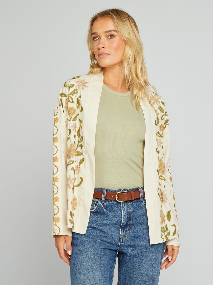 Veste kimono courte brodée Beige - Kiabi