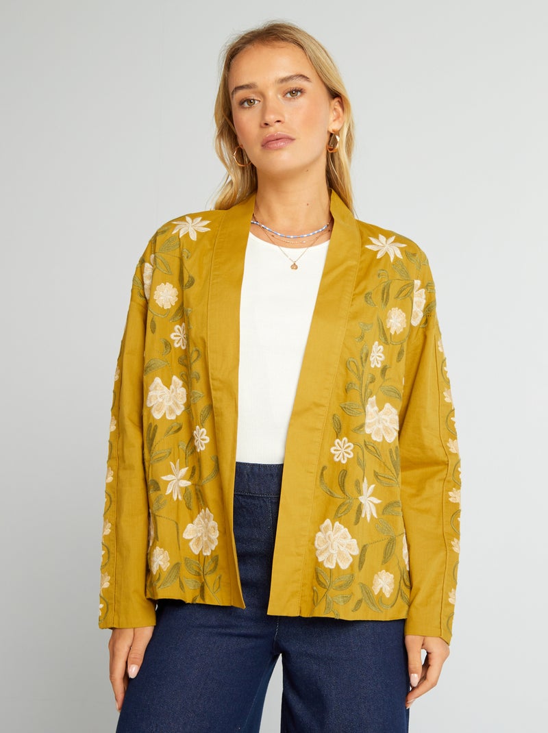 Veste kimono courte brodée Vert - Kiabi