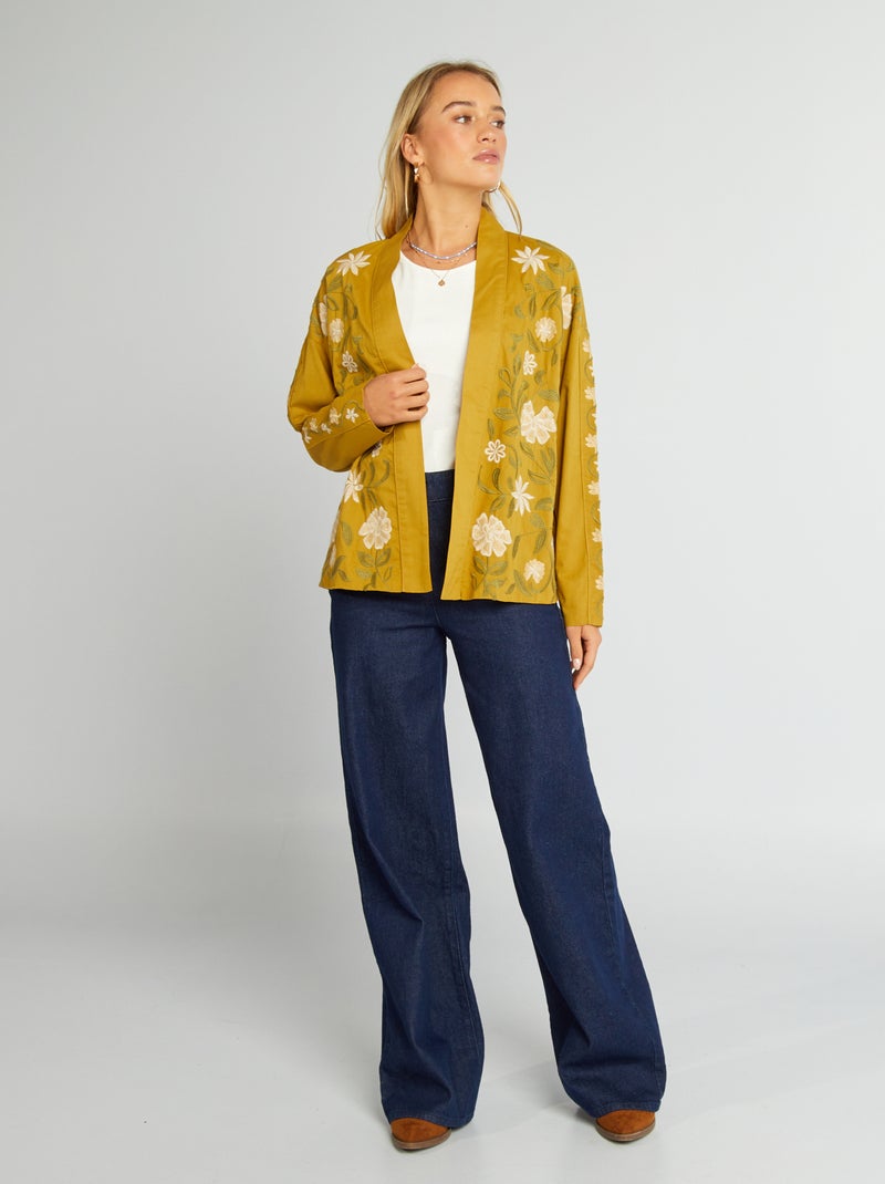 Veste kimono courte brodée Vert - Kiabi