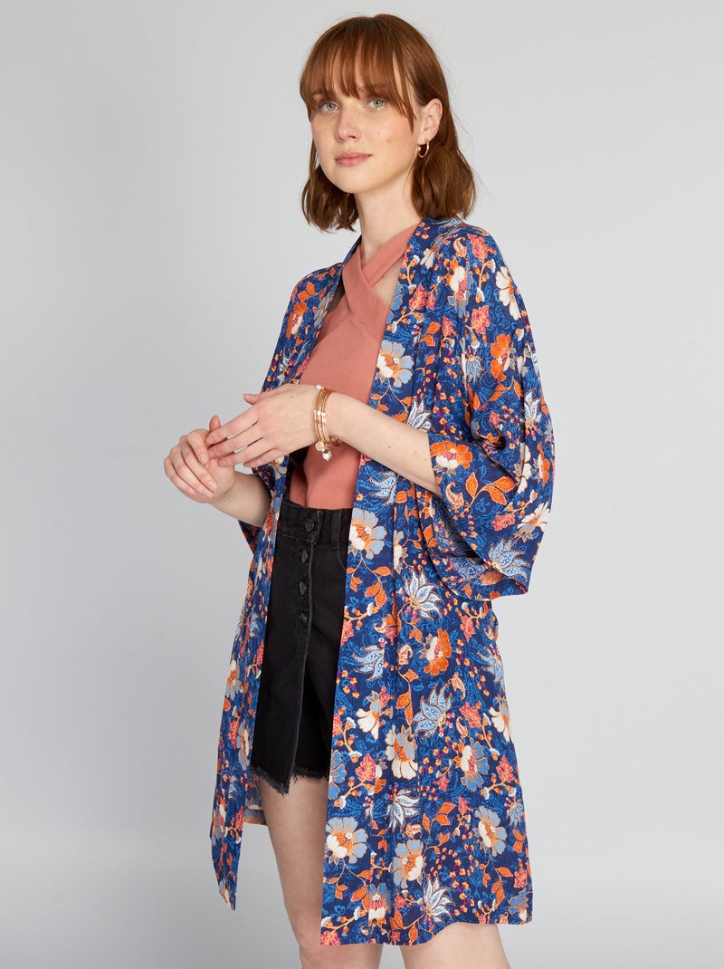Veste kimono imprimée et ceinturée Bleu - Kiabi