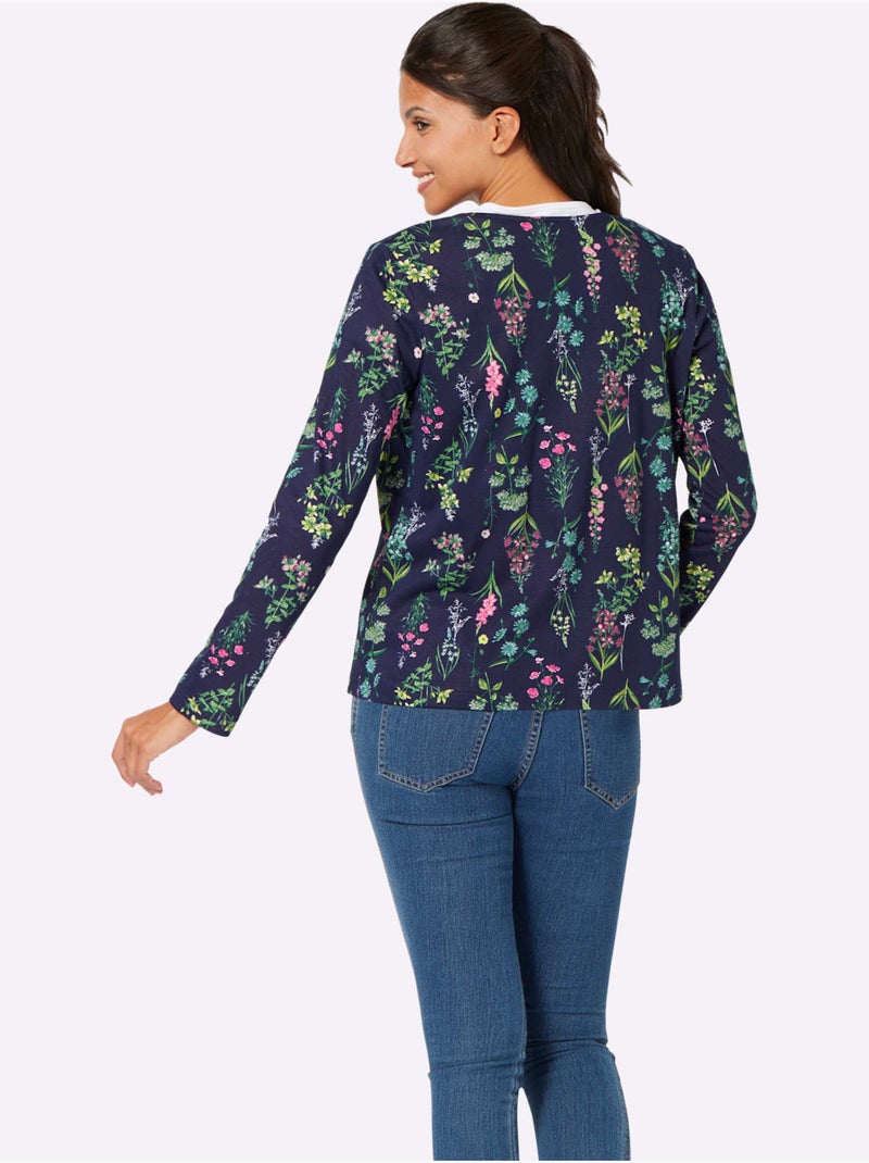 Veste légère à imprimé floral avec col V et manches longues - Taille standard - Moda Vilona Bleu Rose - Kiabi